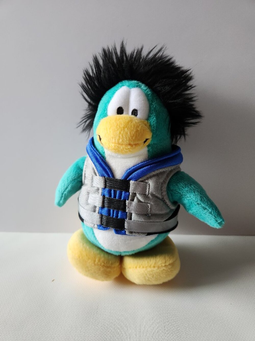 Disney Club Penguin Teal Penguin Plush Gray Vest Life Jacket Black Hair 9" Toy